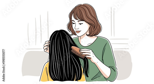 Mother gently combs her daughters long black hair with a wooden brush, showing care and affection.