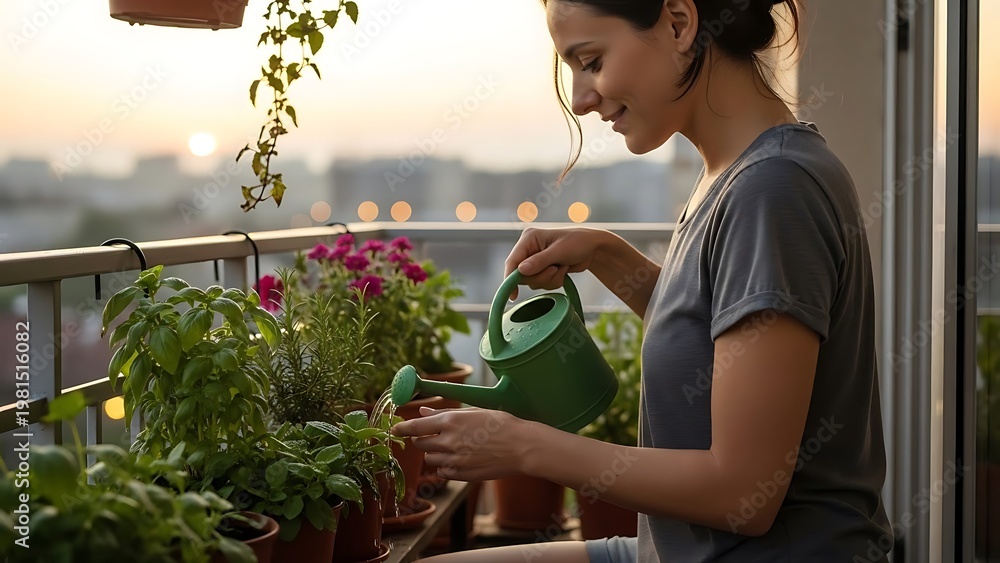 Fototapeta premium woman waters her plants on a balcony as the sun sets, creating a peaceful urban gardening scene.