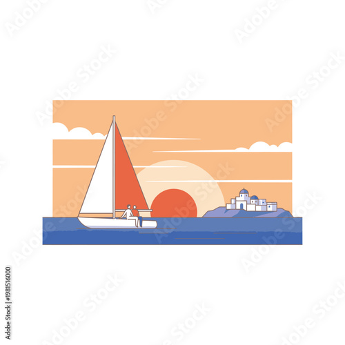 Sailing Boat on Calm Water Near Island.
