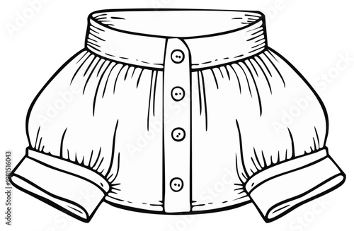 Bloomer Top, Outline Drawing of Women's Blouse with Buttons, Classic Fashion Design