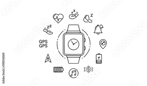 Smartwatch Interface Monoline Icon Set with Wearable Technology UI Symbols and Fitness Tracking Elements