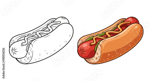 Coloring Page Hot Dog with Mustard and Ketchup vs Finished Illustration