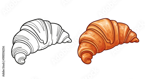 Croissant Outline and Colored Illustration: A Delicious French Pastry