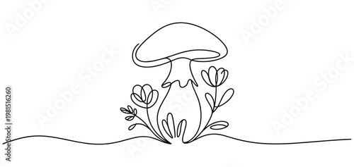 Continuous line drawing of a stylized mushroom with blooming flowers isolated on transparent background
