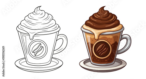 Delicious Coffee Drink with Whipped Cream and Chocolate Drizzle, Line Art and Colored Version