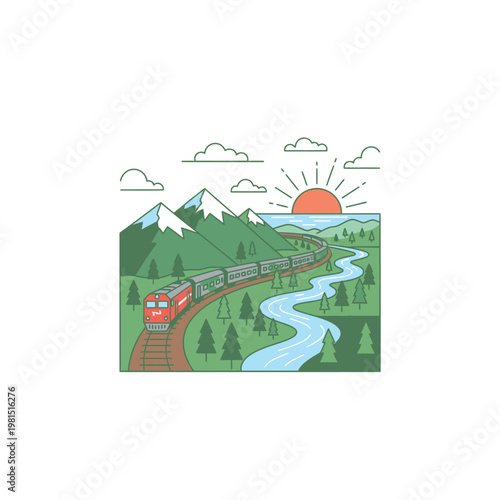 Scenic train journey through mountains and river valley.