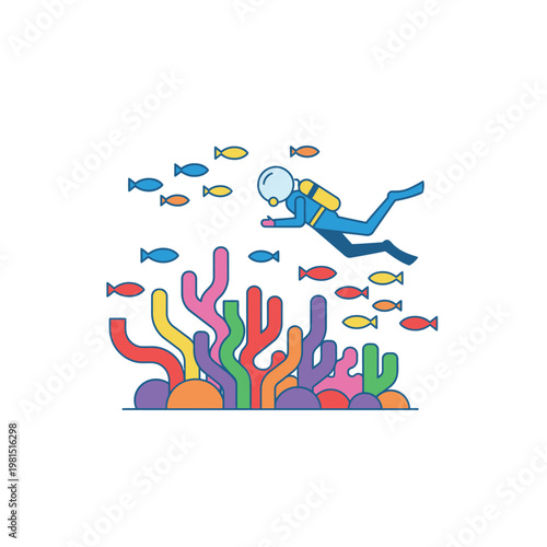 Scuba Diver Exploring Colorful Coral Reef and Fish.