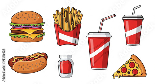 Collection of fast food items including burger fries hot dog pizza and drinks.