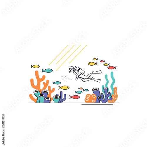 Scuba Diver Exploring Vibrant Coral Reef Ecosystem.