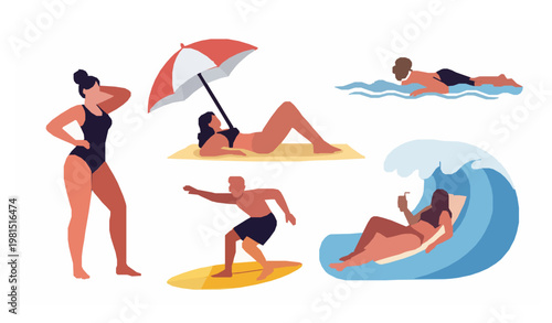 Beach activities people character set summer cartoon vector illustration