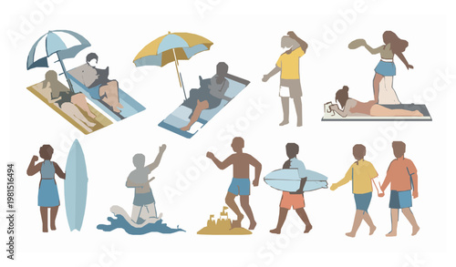 Beach lifestyle full body characters summer cartoon vector set