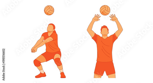 Volleyball players practicing, one serving, one receiving, action shot