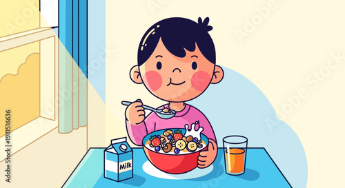 Young boy eating healthy breakfast cereal by window in morning