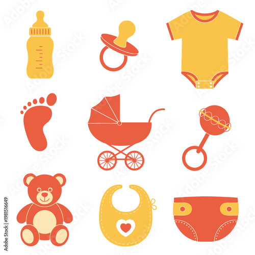 Baby essentials collection: stroller, bottle, pacifier, teddy bear, bib, diaper, romper, footprint, rattle
