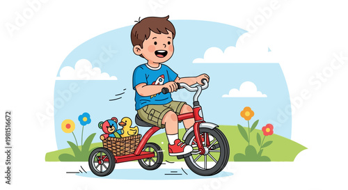 Young boy happily rides red tricycle with toys outdoors