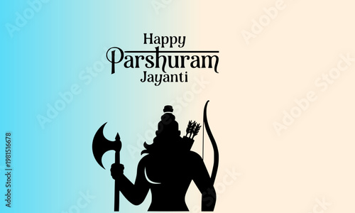 Happy Parshuram Jayanti silhouette of Lord Parashurama holding axe and bow on blue gradient background celebrating the sixth avatar of Lord Vishnu