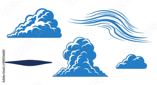 Blue Cloud Shapes and Wind Swirls Vector Set