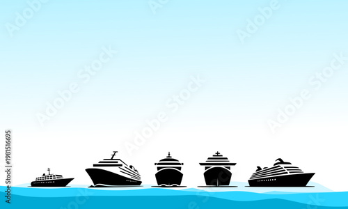  Silhouette of multiple cruise ships sailing on ocean waves against a blue sky background representing travel, tourism, and sea voyage adventure