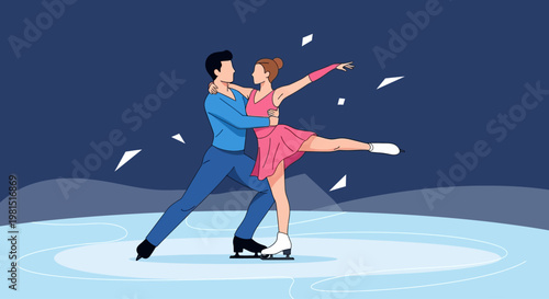 Couple Ice Skating Together, Romantic Winter Sport Performance