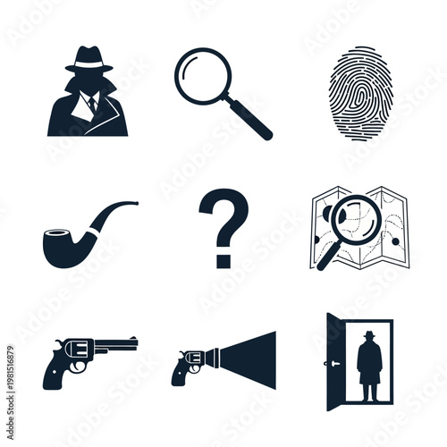 Detective Icons: Magnifying Glass, Fingerprint, Gun, Map, Pipe, Question Mark, Silhouette