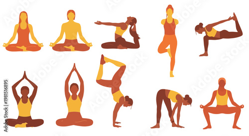 Diverse group of people practicing yoga in various poses, promoting wellness and flexibility.