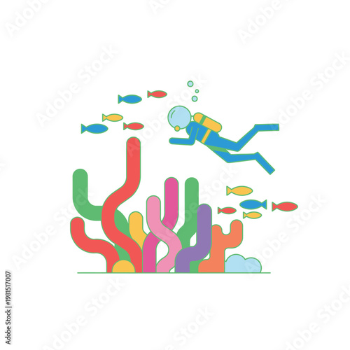 Scuba Diver Exploring Vibrant Coral Reef with Tropical Fish.