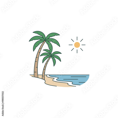 Tropical Beach Scene with Palm Trees and Sun.