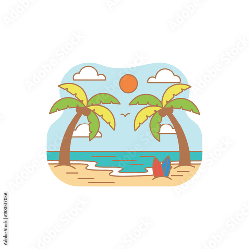 Tropical Beach Scene with Palm Trees and Surfboards.