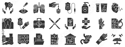 Medical Services Icon Set. Solid Color Icons Including Dental Care, Eye Drops, Lungs, Blood Test, IV Drip, Hand Sanitizer, Medicine Bottle, Heart, Medical Kit, Lab Analysis, Injury, Laboratory