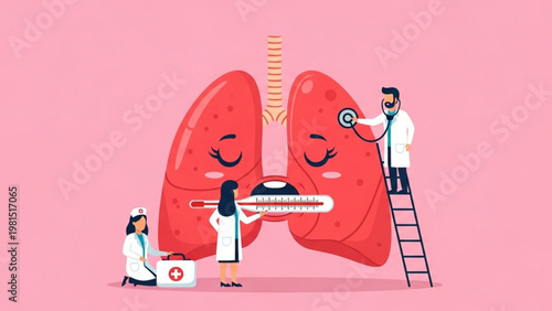 World Lung Day Medical team examining and treating a stylized pair of lungs, symbolizing comprehensive care for respiratory health and wellness in an illustrative style