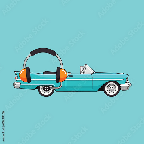 Vintage Convertible Car with Headphones.