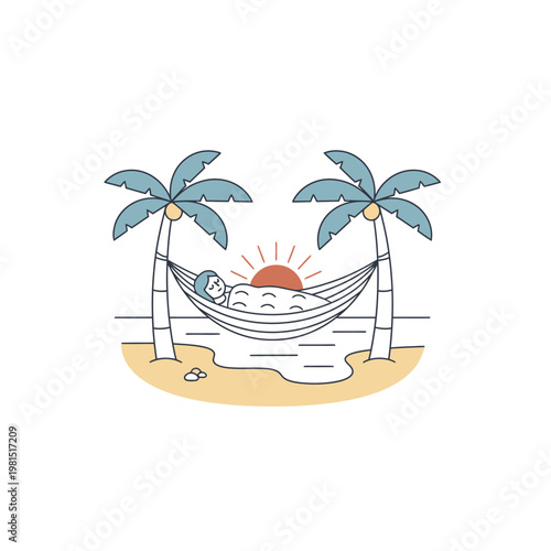 Person relaxing in a hammock between palm trees at sunset.