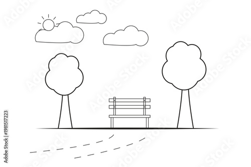 A bench is sitting between two trees on a sunny day
