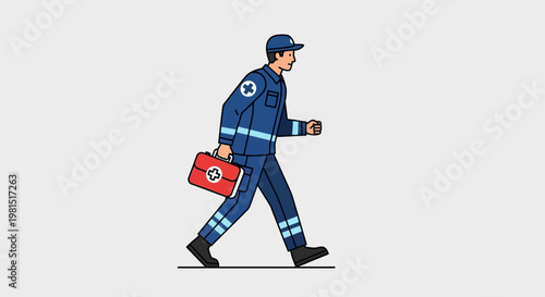Paramedic walking with first aid kit to provide emergency medical assistance.