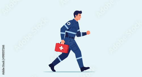 Paramedic running with first aid kit for emergency medical assistance.