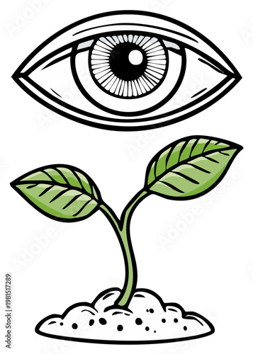 Symbolic illustration of an observing eye above a growing plant symbolizing vision, growth, and potential