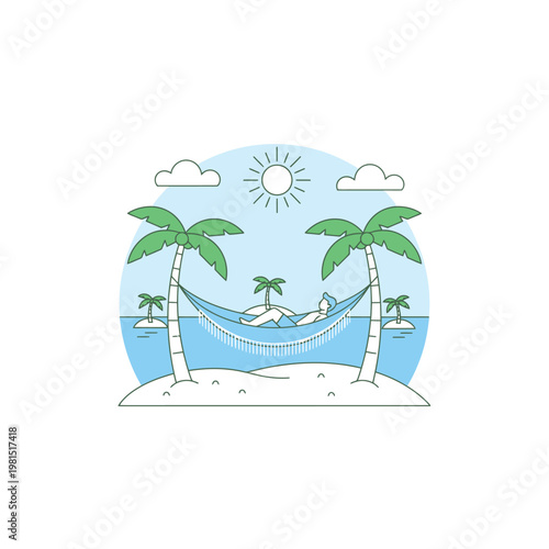 Person relaxing in a hammock between palm trees on a tropical island.