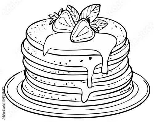 Hand-drawn stack of pancakes with strawberries and syrup, black and white outline illustration for coloring