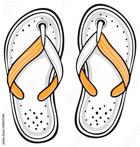 Pair of white and orange flip flop sandals with textured straps for summer footwear
