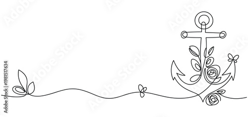 Whimsical continuous line drawing of a nautical anchor adorned with delicate floral elements and leaves isolated on transparent background