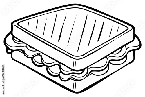 Hand drawn illustration of a toasted sandwich with filling shown on a white background