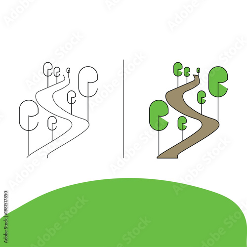 A black and white drawing of a road next to a colored version