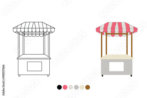 A drawing and rendering of a food cart with a striped awning