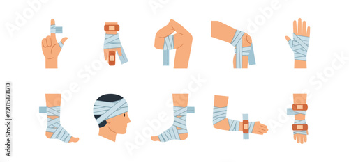 Medical bandages and injury treatments on body parts vector illustration