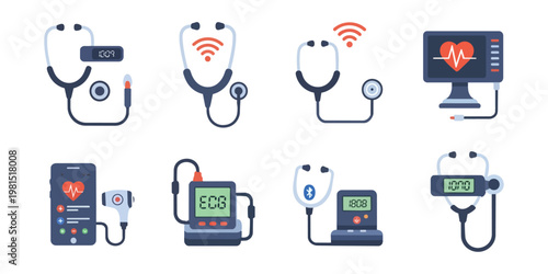 Medical equipment illustrations stethoscope monitor and ecg devices