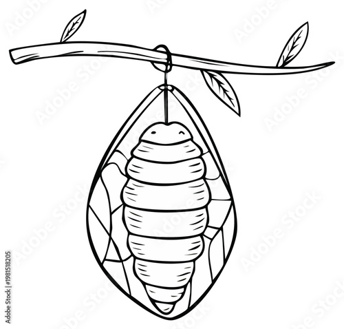 Illustration of a chrysalis hanging from a tree branch with leaves