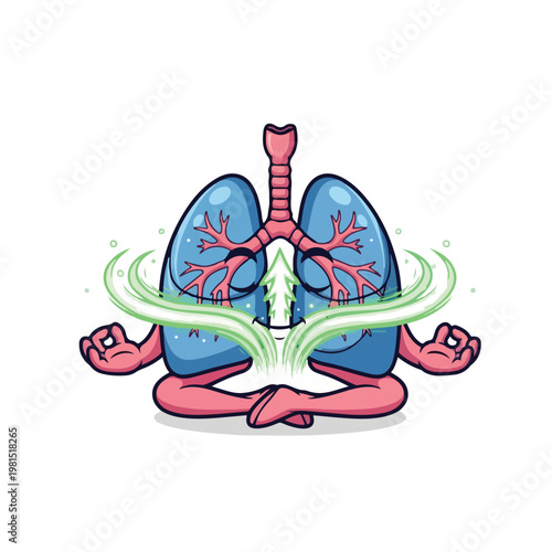 Cartoon Lungs with Breathing Wind and Trachea in Meditative Pose