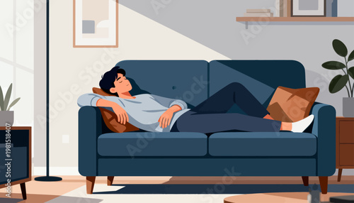 Cozy blue sofa holds a relaxed figure. Sunlight streams through a window, casting warm stripes. The person rests with closed eyes, exuding calm and comfort