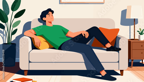 Man relaxes on couch, eyes closed. Warm lighting enhances calm, cozy vibe. Soft colors and minimal decor create serenity. Ideal for wellness, rest, or modern living scenes