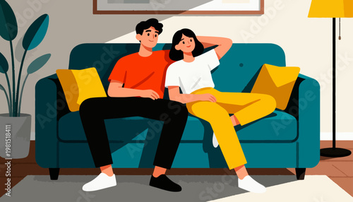 Cozy couple relaxes on vibrant blue sofa. They share a quiet, contented moment together. Soft lighting enhances the tranquil, intimate vibe. Ideal for scenes of comfort, partnership, or relaxation